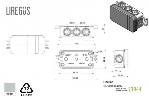 hmd1dimmensions4_1651651679.en_.jpg Hermetine mont.dežutė (84x45x37), IP54, pilka,DIN EN 60670