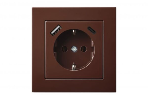 Kištukinis lizdas su įžeminimu + 3.4A max.USB A+C kroviklis, be rėmelio – Ruda