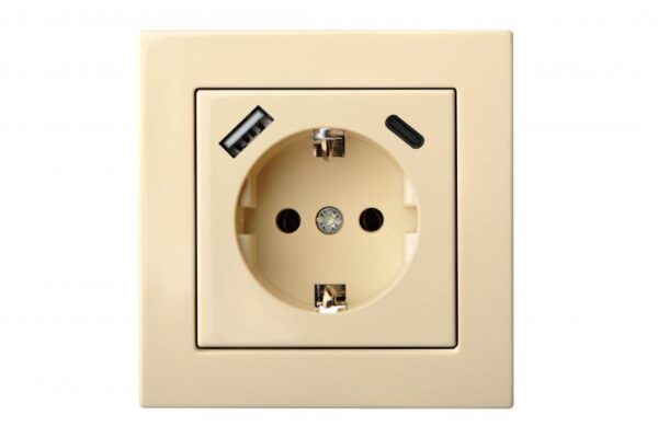 Kištukinis lizdas su įžeminimu + 3.4A max.USB A+C kroviklis, be rėmelio – Smėlio