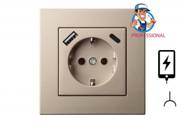 Kištukinis lizdas su įžeminimu + 3.4A max.USB A+C kroviklis, be rėmelio – Šampano