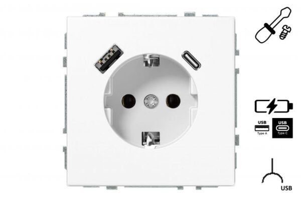 Kištukinis lizdas su įžeminimu + 3.4A max.USB A+C kroviklis, be rėmelio