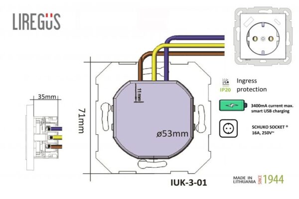Kištukinis lizdas su įžeminimu + 3.4A max.USB A+C kroviklis, be rėmelio